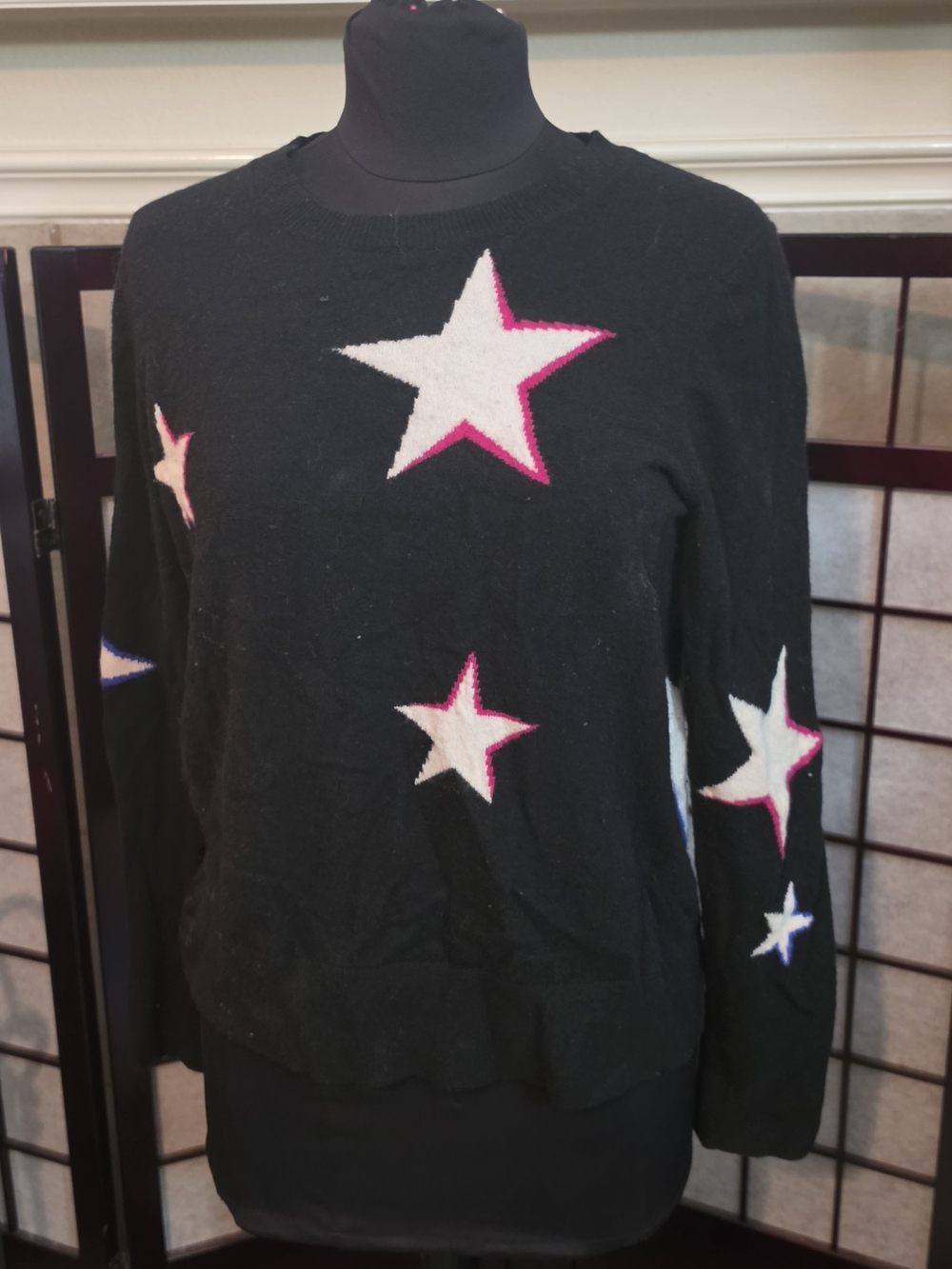 Banana Republic Black Crewneck Sweater with White & Pink Star Accents